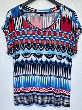 Forever 21 Tribal Aztec Print Short Sleeve Top Medium Boho Blue Red